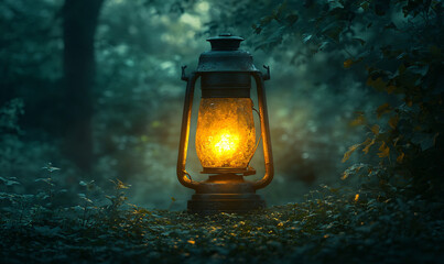 Lantern casting warm light among autumn leaves