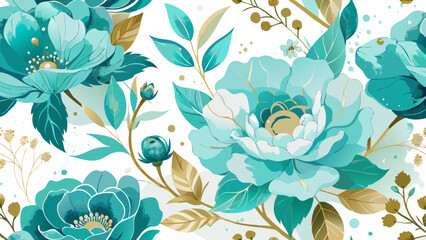 Vector art of elegant seamless pattern featuring turquoise peonies with golden accents, creating a luxurious and eyecatching floral design for various applications
