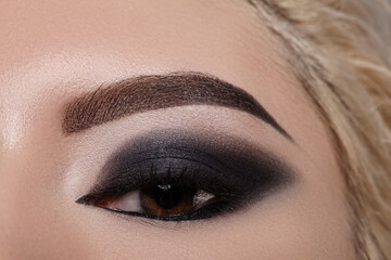 Closeup macro of female eye with bold dark smoky makeup and dramatic eyeliner. Editorial fashion...