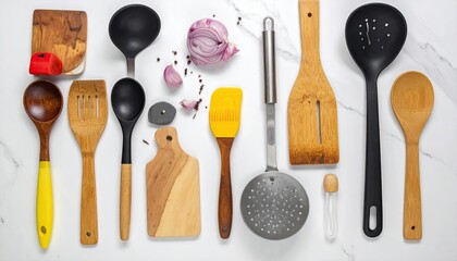 Collection of Kitchen Utensils on White Marble Surface Featuring Wooden and Plastic Cooking Tools with Spoons Spatulas and Ladles in Flat Lay Composition