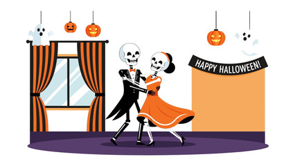 Halloween Dance of the Skeletons: A festive Halloween celebration with dancing skeletons, pumpkins, and ghosts, set in a whimsical party scene full of joy.