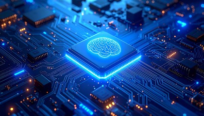 A vibrant closeup of a computer's circuit board with a glowing brain icon, symbolizing artificial intelligence. Digital pathways are illuminated