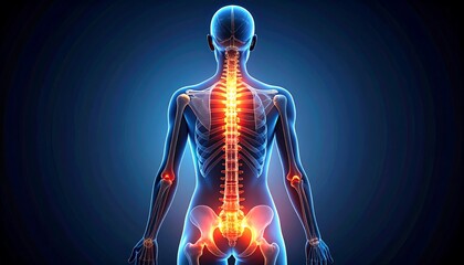 A vibrant anatomical illustration showcasing the human skeletal system with an emphasis on the spine, highlighted with areas of apparent inflammation