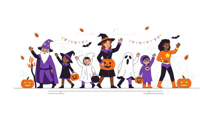 Happy Halloween Parade: A vibrant and whimsical illustration of a joyful Halloween parade. Diverse individuals in creative costumes, each holding a pumpkin. Festive atmosphere.