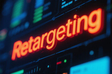 Digital marketing retargeting sign glowing neon orange light focus business growth strategy