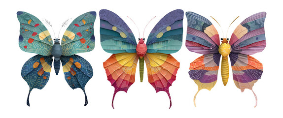 Colorful Artistic Butterflies in Unique Styles Isolated on Transparent Background