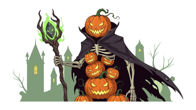 Spooky Pumpkin King: A whimsical illustration of a towering pumpkin king, adorned in a dark cloak and menacing grin, wielding a mystical staff in front of a haunted backdrop.