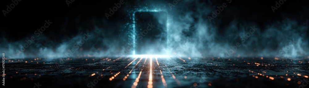 Poster unlocking digital security glowing lock icon emerges from virtual pad enhancing password management 