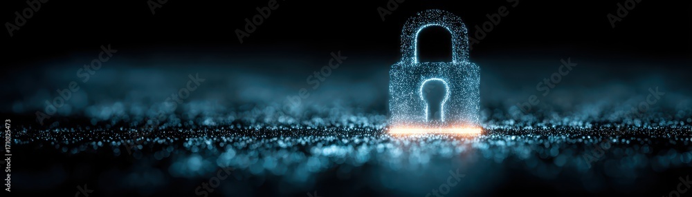 Poster digital security action glowing lock icon rising from password pad cyber environment futuristic view