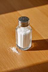 Glass Salt Shaker with Flaky Sea Salt on Wooden Table — Seasoning for Dinner Parties, Brunch & Food Photography