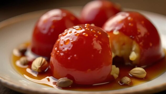 Close up of soft gulab jamun texture with syrup glistening on surface and cardamom pods 