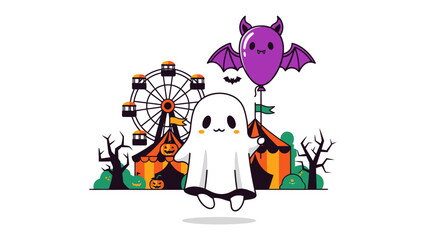 Halloween Carnival: A whimsical illustration of a friendly ghost enjoying a Halloween carnival, complete with a Ferris wheel and a bat-shaped balloon.