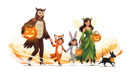 Halloween Costume Parade: A whimsical illustration captures a family's festive spirit as they joyfully parade in enchanting Halloween costumes, showcasing the magic and imagination of the holiday.