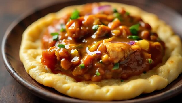 Close up of soft injera texture with porous surface and rich doro wat sauce spooned on top 
