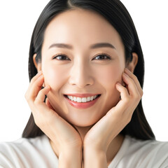 Radiant asian woman smiling joyfully showing healthy glowing skin and smooth complexion transparent background
