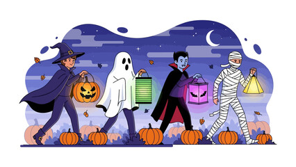Halloween Parade: A spooky Halloween parade with charming illustrations of festive costumed figures holding illuminated lanterns, beneath a moonlit sky, creating an atmosphere of fun and mystery. 