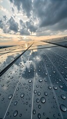 Clean energy future with shimmering solar panels reflecting dramatic sky after summer rain shower