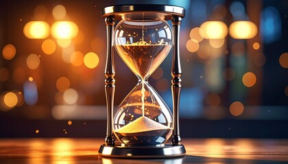 A ultra hyper-realistic, macro shot of a sleek, chrome hourglass with flowing, glowing liquid inside.