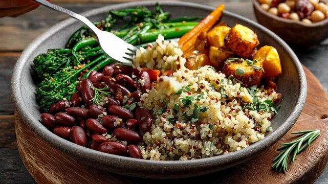 Gut Healthy concept ,Quinoa bowl with roasted potato, kidney bean, broccolini, carrot, herb and microgreen hearty fiber rich warm