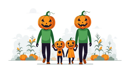 Pumpkin Family Stroll: A vibrant family embraces the spirit of Halloween, their pumpkin-headed figures strolling happily amidst autumn foliage and harvest elements. The illustration radiates warmth.
