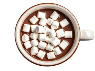 Cup of Decadence: A top-down view showcases a cozy ceramic cup brimming with rich, dark hot chocolate, crowned by a constellation of soft, buoyant marshmallows. A tantalizing, inviting experience.
