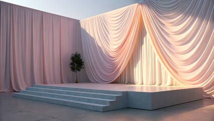 Elegant stage backdrop with draped fabric and minimalist tree for product display or wedding scene