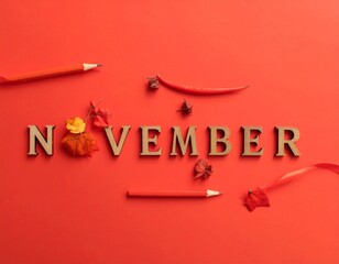 Wooden letters spelling "November" arranged on a red background, adorned with autumnal leaves and pencils.