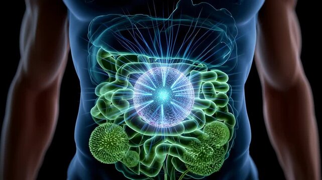 Gut Healthy concept ,Glowing gut microbiome visualization of intestine bacteria and probiotic gut flora balancing digestion