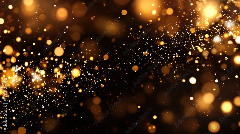 Poster glimmering golden particles cascade through a dark background, creating a magical atmosphere