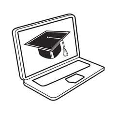 Digital graduation cap on laptop screen symbolizing online education, e-learning, and academic achievement with a touch of modern technology