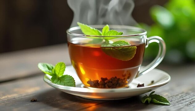 Close up of steaming Darjeeling tea cup with amber liquid and fresh mint leaves floating 