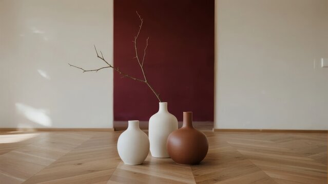 Three minimalist vases of varying shapes and colors arranged on a wooden floor with a single dried branch in one, against a red accent wall.