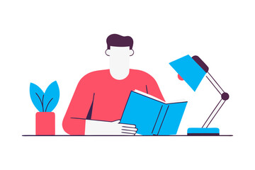 Person reading a book under a desk lamp with a plant nearby isolated on transparent background isolated on white background