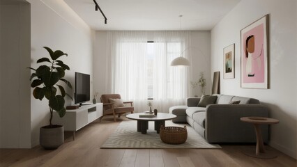Modern minimalist living room with neutral tones, large windows, and indoor plants