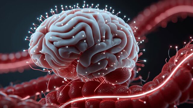 Gut Healthy concept ,Brain neural network concept with glowing synapse nodes and red fiber connections conveying cognition