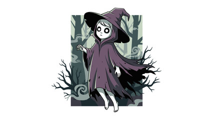 Mysterious Witch in the Dark Forest: An artistic illustration of a witch in an enchanting dark forest, a captivating scene for Halloween celebration.