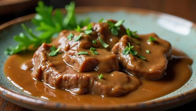 Close up of stroganoff sauce coating juicy beef slices on rustic ceramic plate 