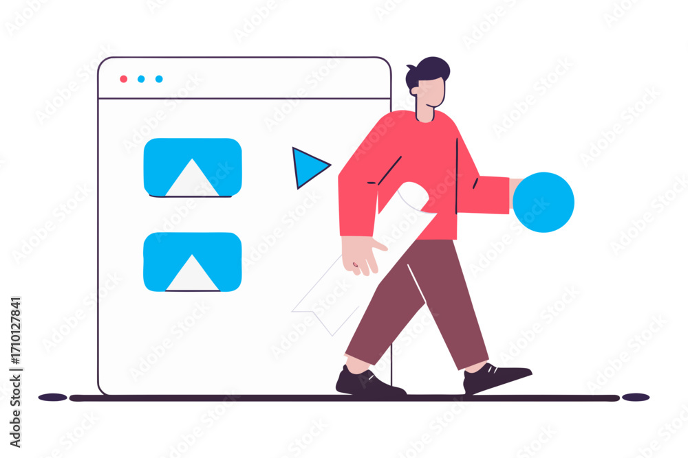 Wall mural man with blueprint and blue sphere walking past a digital interface with video thumbnails isolated o