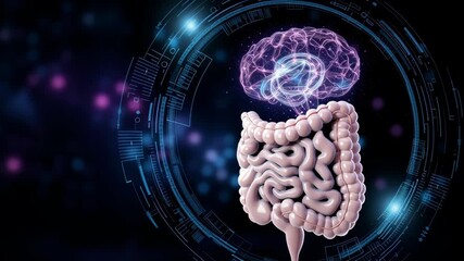 Gut Healthy concept ,gut brain connection concept with intestine and glowing brain hologram dark futuristic medical background - Powered by Adobe
