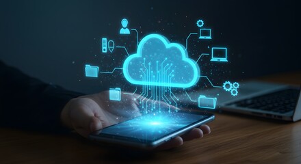 Cloud computing concept with glowing network interface icons projected from a smartphone screen.