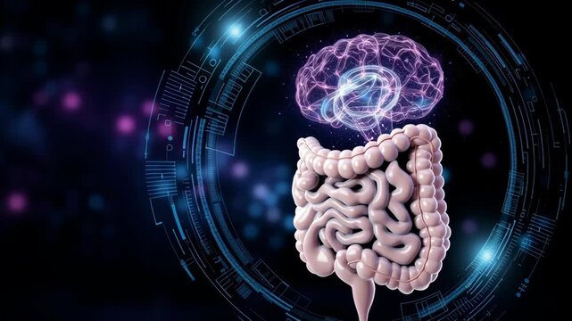 Gut Healthy concept ,gut brain connection concept with intestine and glowing brain hologram dark futuristic medical background