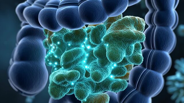 Gut Healthy concept ,glowing gut bacteria microbiome cluster inside colon lumen mucosa teal light showing probiotic gut health