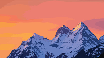 Fototapeta premium Majestic Snow- Capped Mountains Illuminated by a Fiery Orange and Pink Sunset Sky peaks summit.