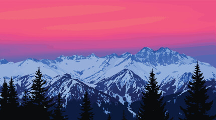 Obraz premium Majestic snow-capped mountains under a vibrant pink and purple sunset sky with silhouetted pine trees in the foreground.