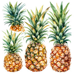Obraz premium a watercolor painting depicts four ripe pineapples with vibrant green leaves and textured brown surfaces against a white background.