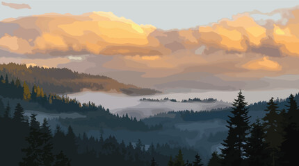 Fototapeta premium Misty Mountain Valley at Sunrise with Golden Clouds and Evergreen Forest mountains.