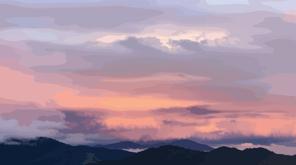 Fototapeta premium Pastel sunset sky over dark mountain silhouettes clouds.