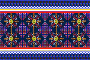 Vibrant ethnic pixel art seamless pattern with geometric motifs and traditional borders, perfect for textile, wallpaper, fabric design, and digital backgrounds in Europe and America.