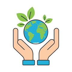 Hands holding a globe with leaves, symbolizing environmental protection.