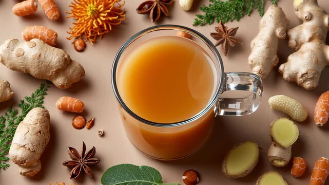 Gut Healthy concept ,Immune boosting turmeric ginger tea glass cup with spice and herb arrangement, golden soothing cup with star